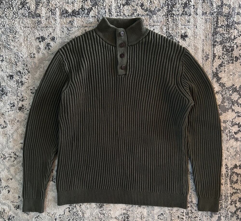 LL Bean Ribbed Heavy Knit Green Long Sleeve Sweater Button Cotton Men's XL